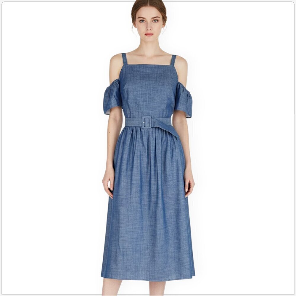 One Fifty Third Blue Chambray Denim Look Off Shoulder Belted Dress Sample New 4
